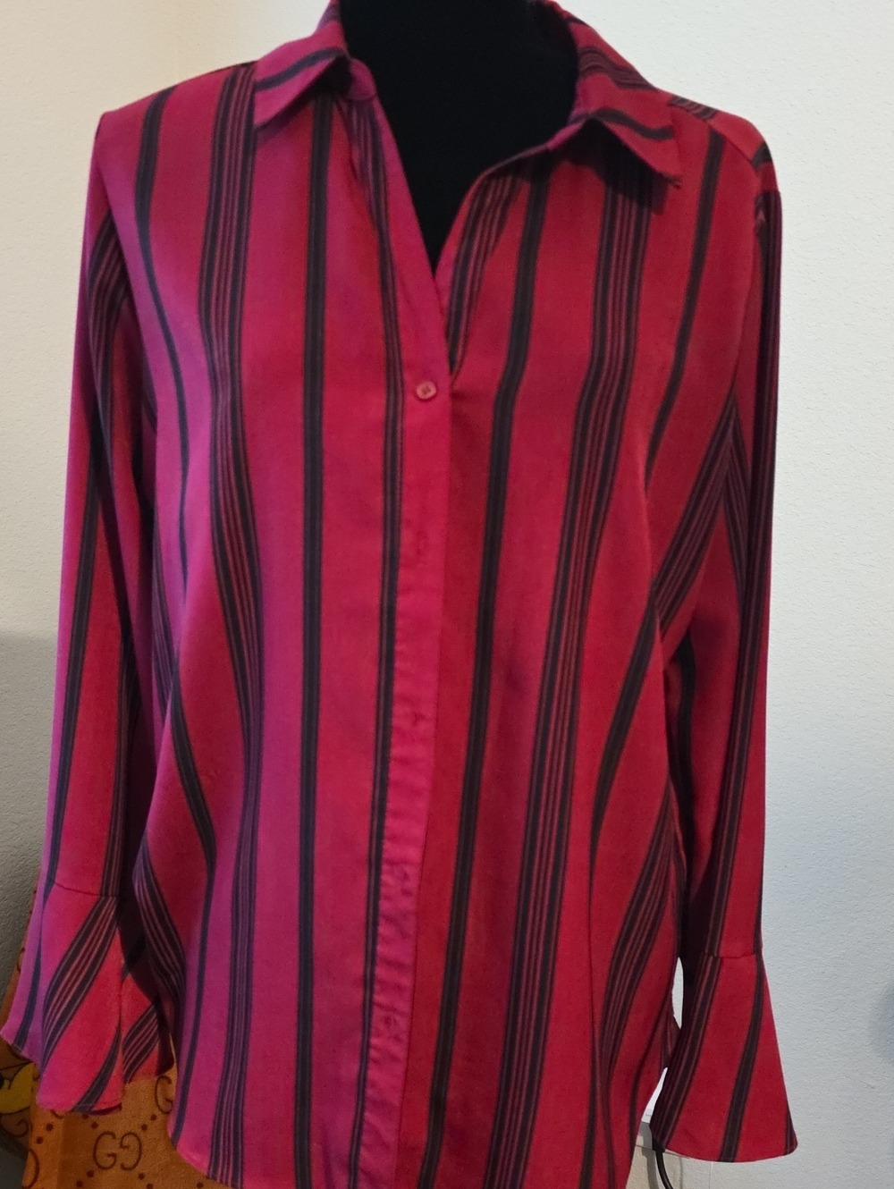 NY Collection Red and Black Vertical Stripe Button-Down Shirt